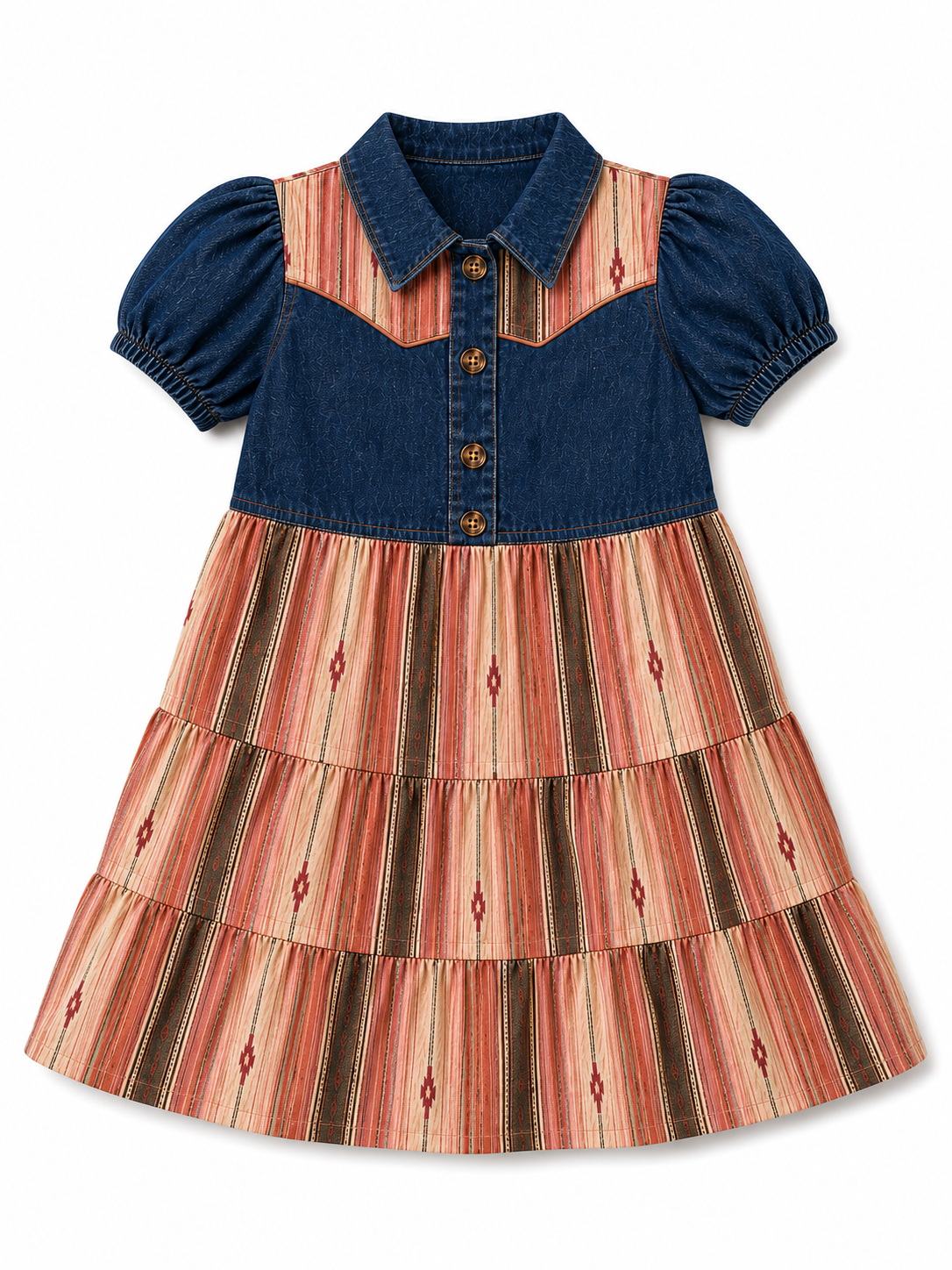 A toddler girl's tiered dress featuring a dark blue denim bodice with puff sleeves and a buttoned collar, combined with a tiered skirt in a rust-orange, brown, and beige striped pattern with small diamond motifs.