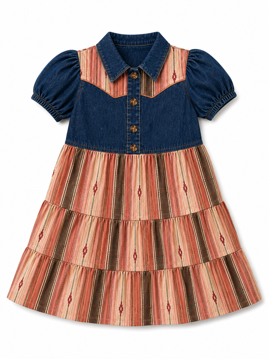 A toddler girl's tiered dress featuring a dark blue denim bodice with puff sleeves and a buttoned collar, combined with a tiered skirt in a rust-orange, brown, and beige striped pattern with small diamond motifs.