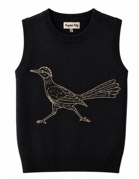 A black sleeveless knit sweater vest featuring a detailed embroidered road runner bird design on the front, with a visible 'Twisted Filly' brand label inside the collar.