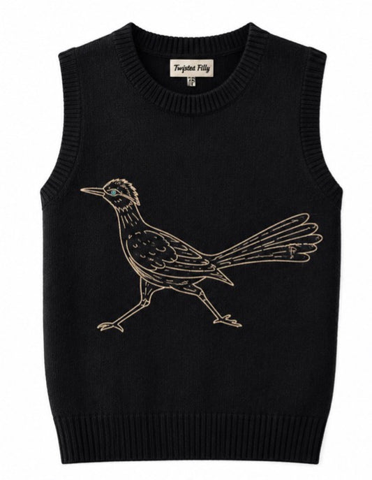 A black sleeveless knit sweater vest featuring a detailed embroidered road runner bird design on the front, with a visible 'Twisted Filly' brand label inside the collar.