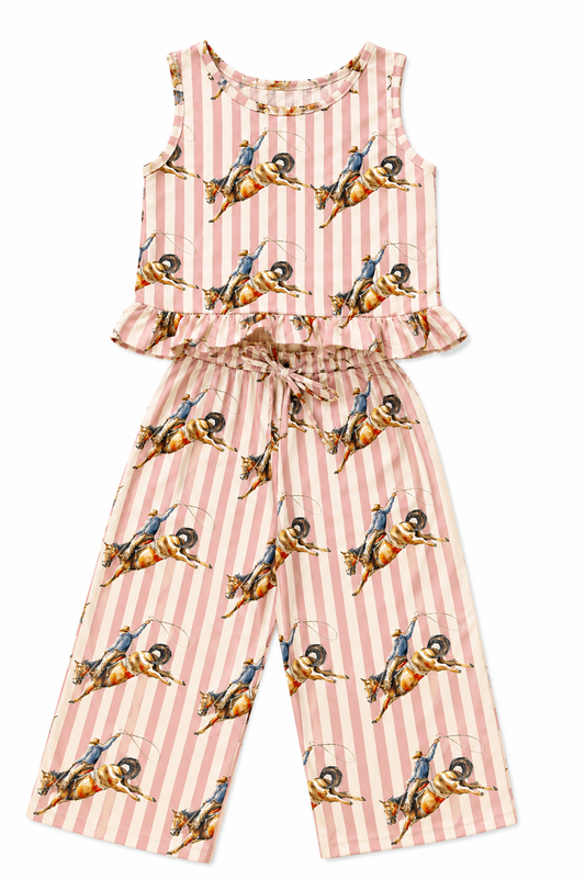 A two-piece children's outfit set featuring a sleeveless top and matching cropped pants. The set has a pink and white vertical stripe pattern with a repeating print of a cowboy riding a horse.