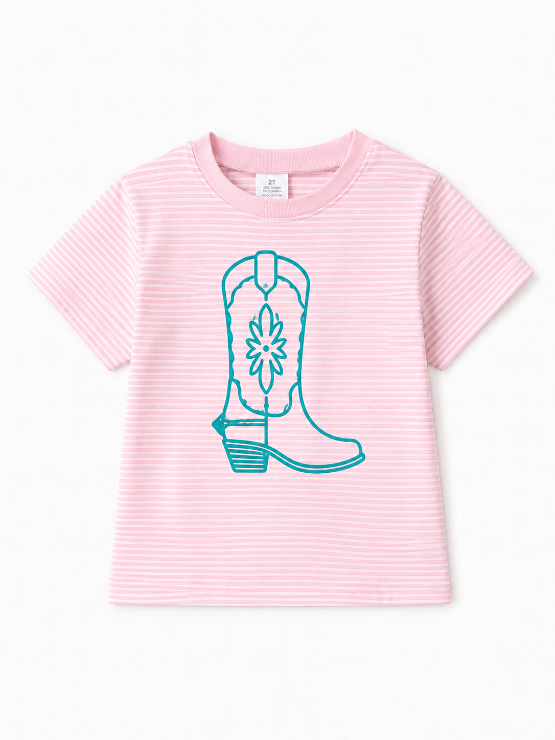 A pink short-sleeve baby tee with thin white horizontal stripes and a teal cowboy boot graphic on the front, displayed flat against a white background.
