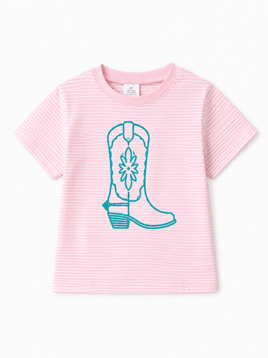 A pink short-sleeve baby tee with thin white horizontal stripes and a teal cowboy boot graphic on the front, displayed flat against a white background.