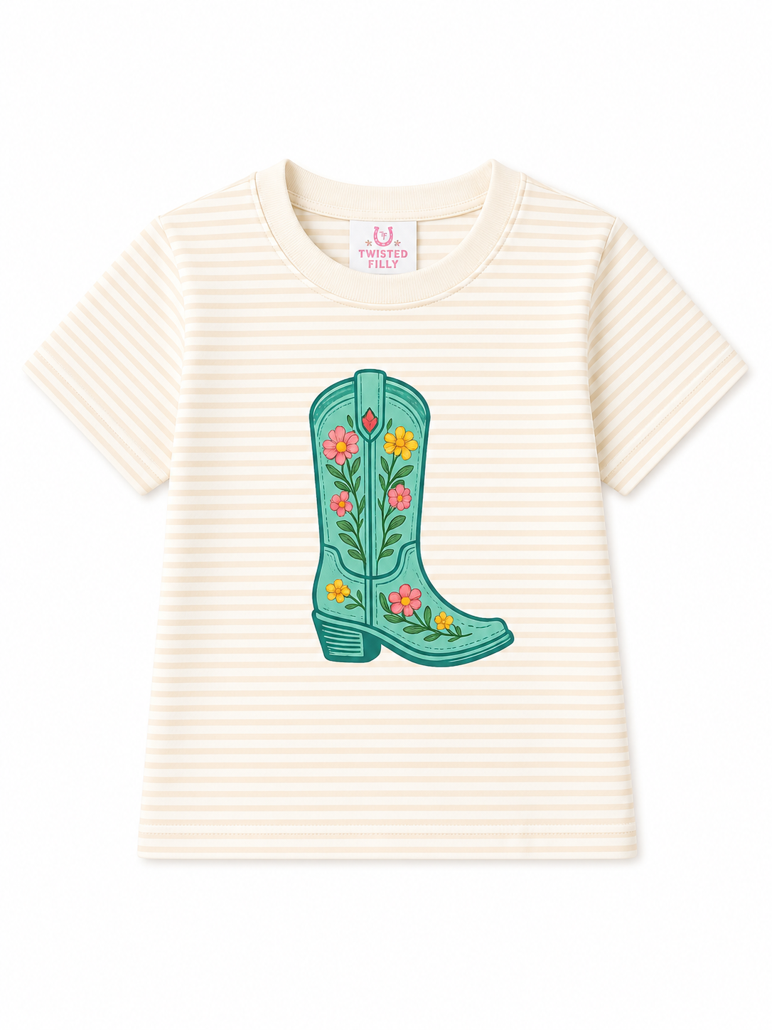 A cream and beige horizontally striped short-sleeve t-shirt featuring a colorful embroidered turquoise cowboy boot with floral details on the front, displayed flat against a white background.