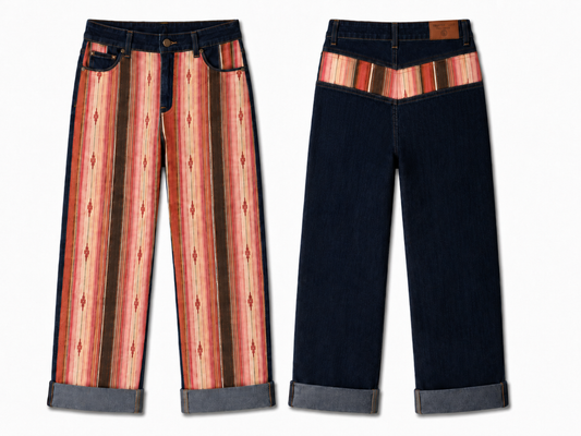 Two views of a pair of cropped jeans on a white background, showing the front and back. The front features a dark blue denim upper half and a patterned lower half with vertical stripes in rust orange, brown, and cream.