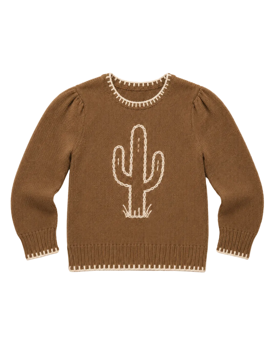 A brown knit sweater with a white cactus design on the front, featuring decorative white stitched trim around the neckline, cuffs, and hem, laid flat on a light beige textured background.