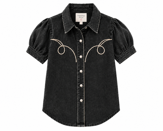 Black vintage wash denim short sleeve pearl snap with white piping detail