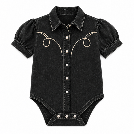 Black wash denim short sleeve infant pearl snap onesie with white piping detail