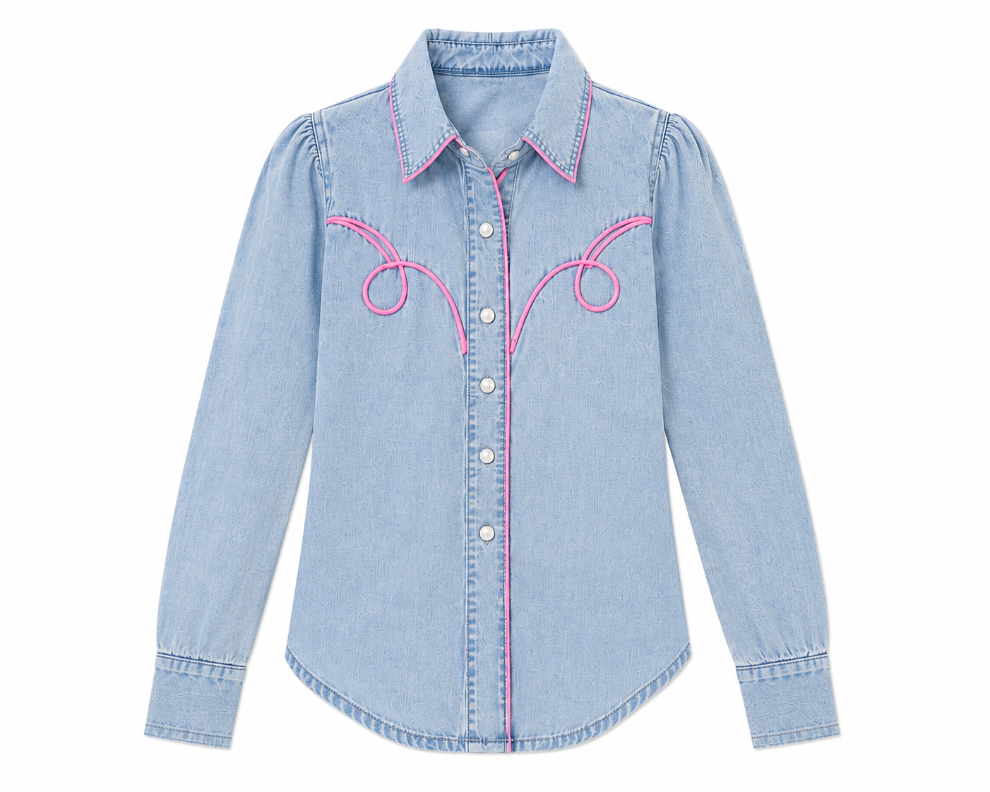 Light Denim Vintage Wash - Youth LS Pink Pipping  Pearl Snap Shirt (6pcs)