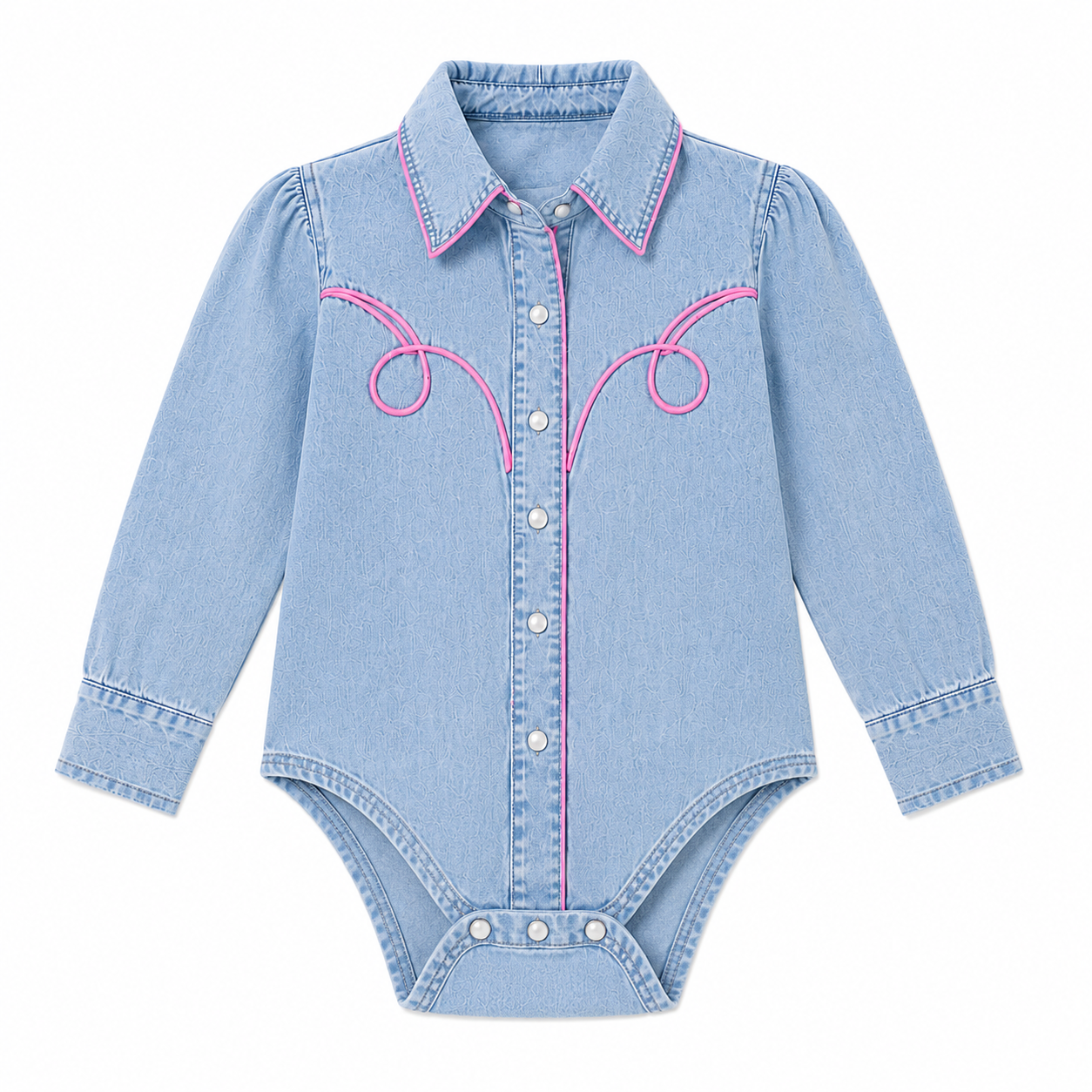 Light Denim Vintage Wash - Infant LS Pink Pipping  Pearl Snap Onsie (6pcs)