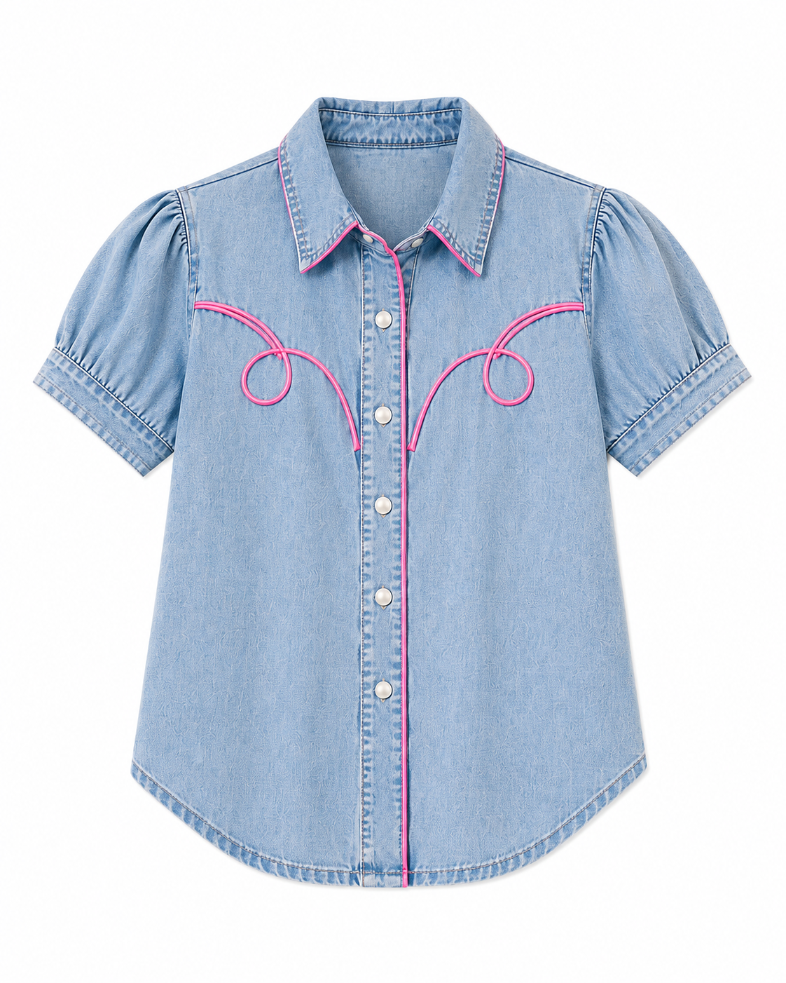Light Denim Vintage Wash - Women's SS Pink Piping Pearl Snap Shirt (8pcs)