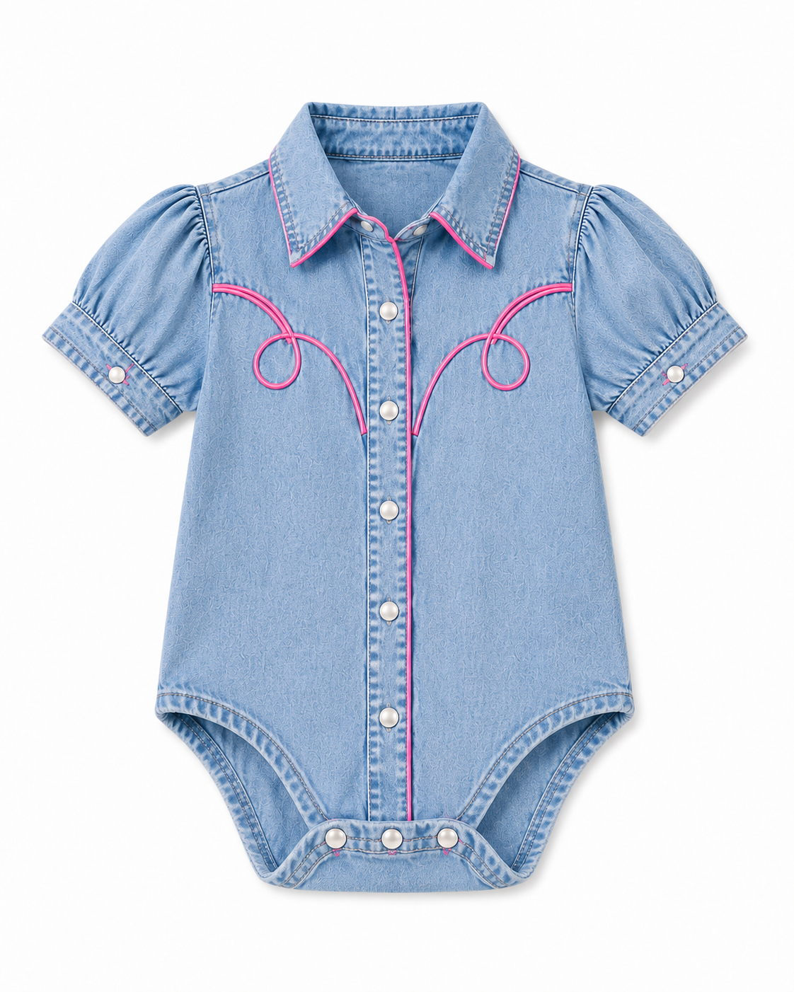 Light Denim Vintage Wash - Infant SS Pink Piping Pearl Snap Onsie (6pcs)