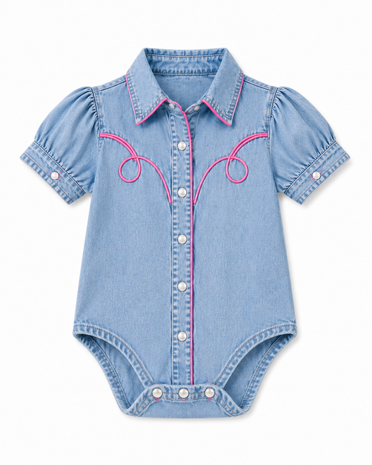 Light Denim Vintage Wash - Infant SS Pink Piping Pearl Snap Onsie (6pcs)