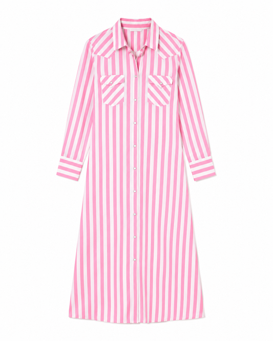 Pink and white striped long sleeve pearl snap dress
