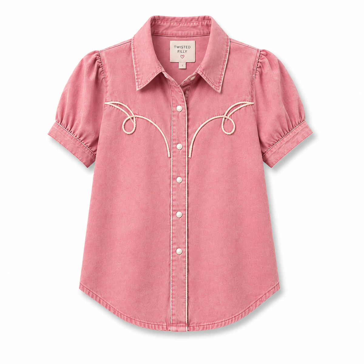 Pink wash denim short sleeve pearl snap with white piping detail