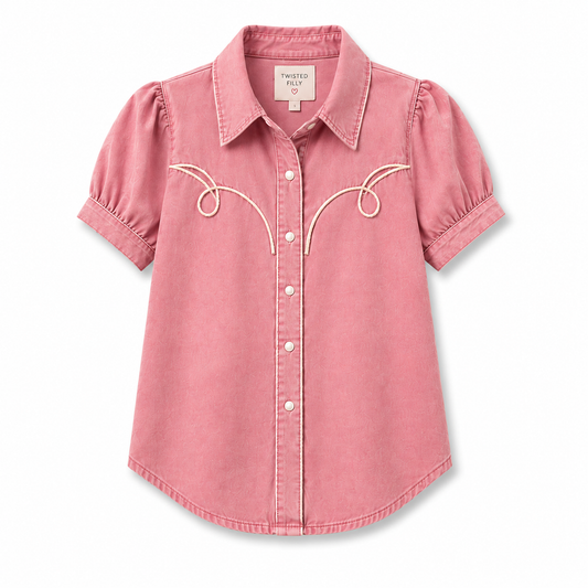 Pink wash denim short sleeve pearl snap with white piping detail