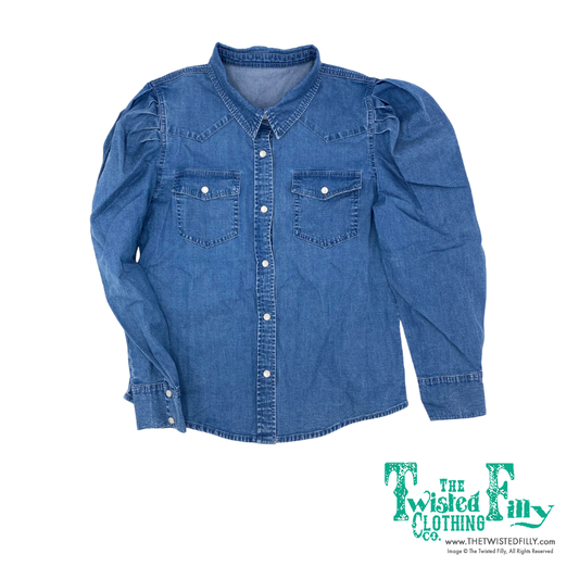 Denim - Adult Puff Sleeve Pearl Snap Shirt (7pcs)