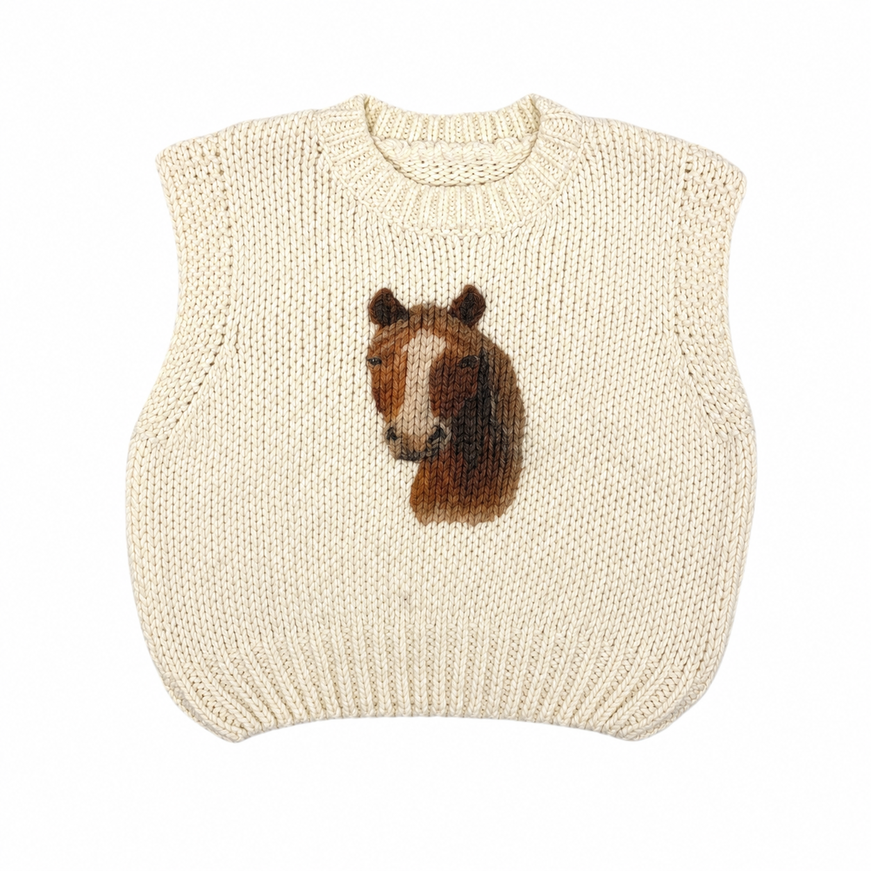 Ivory knitted sweater vest with horse graphic detail