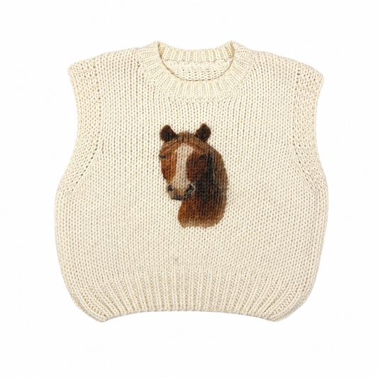 Ivory knitted sweater vest with horse graphic detail