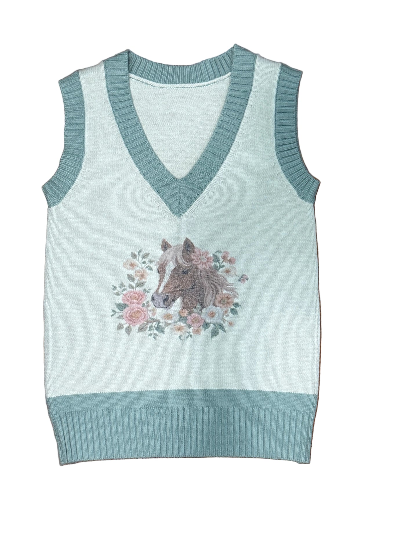 Sage & Cream Floral Horse - Youth Sweater Vest (6ps)