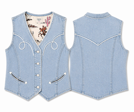 Light blue denim vest front and back with white piping and pearl button detail