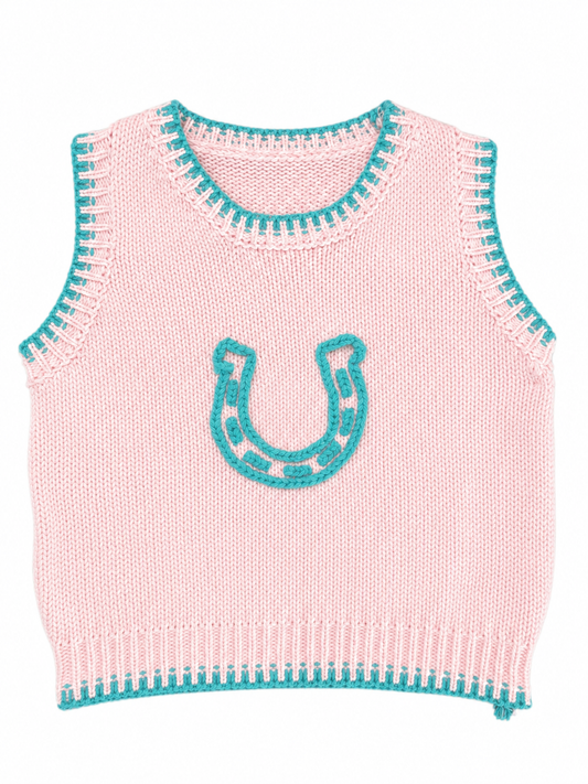 Light pink knitted sweater vest with teal horseshoe desgin