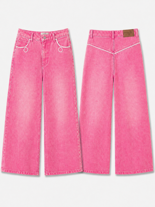 Neon pink vintage wash denim pants with white piping detail front and back view
