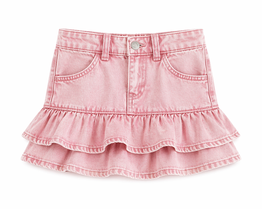 Pink wash denim light weight ruffled skort