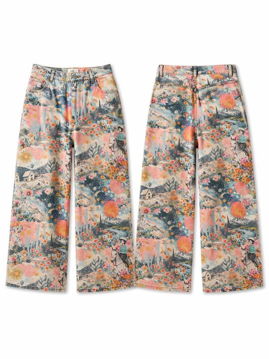 Pink western collage print denim barrel pants front and back view