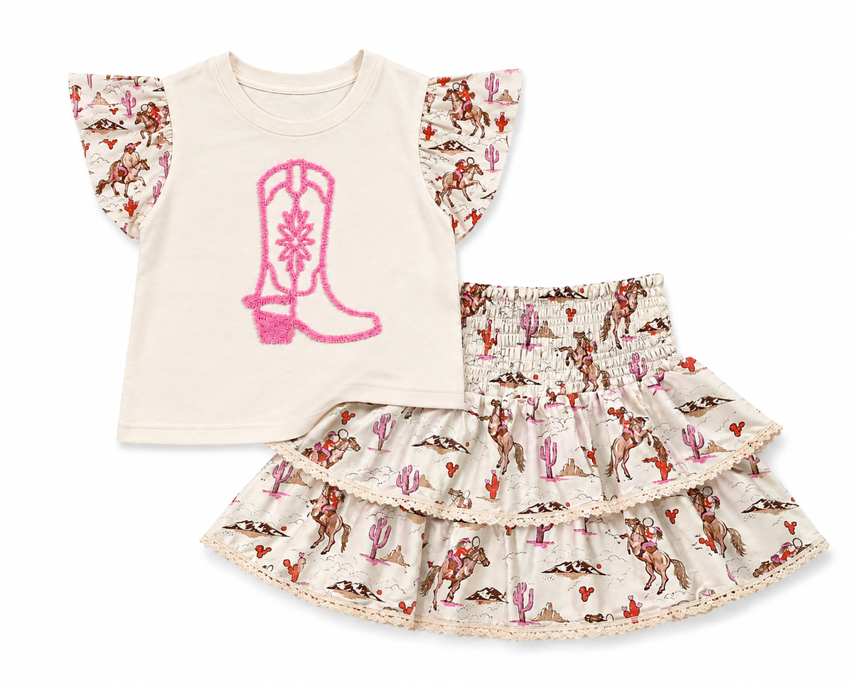 Pink Cowgirl Cactus Pink Boot - Toddler Ruffle Sleeve Eyelet Tee (6pcs)