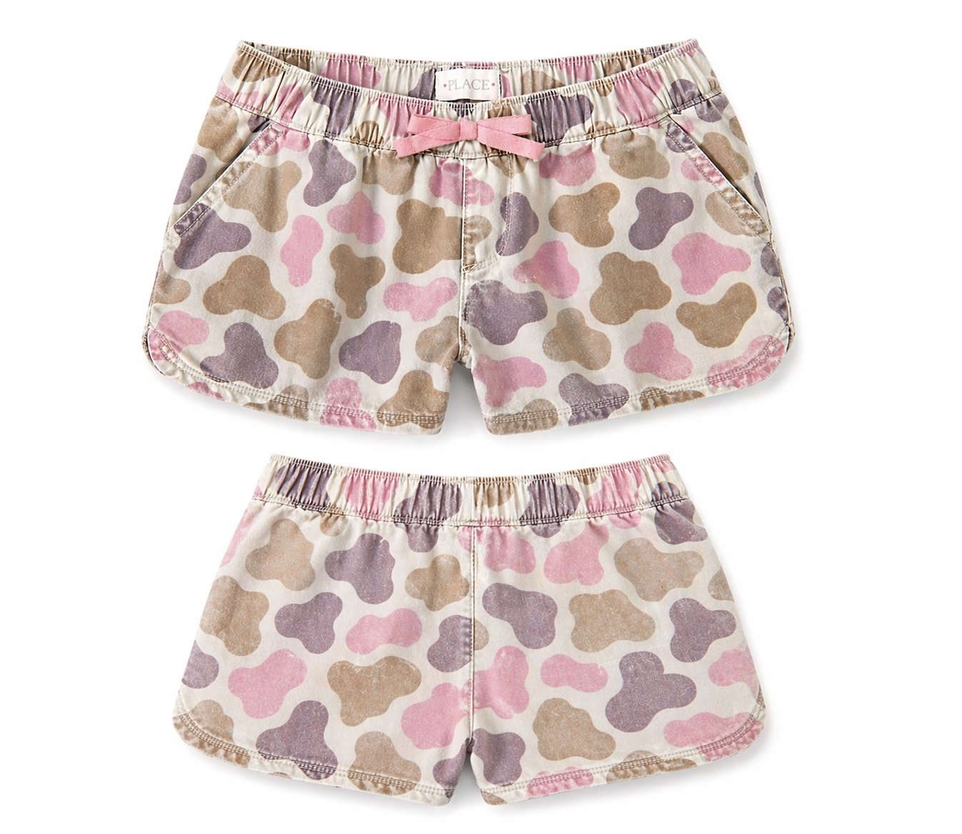 Pink camo drawstring elastic waist shorts front and back view
