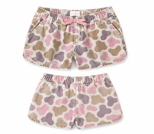 Pink camo drawstring elastic waist shorts front and back view
