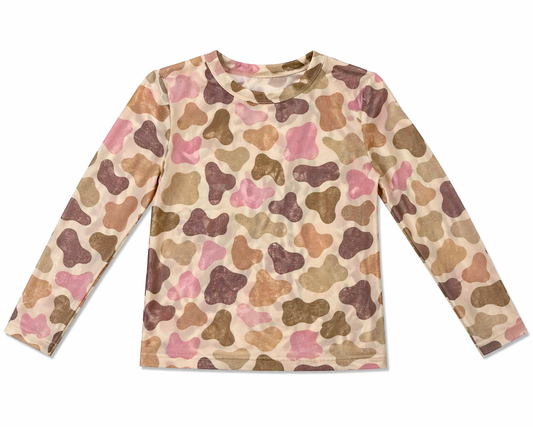 Pink duck camo long sleeve mesh top for layering