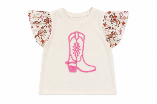 Pink Cowgirl Cactus Pink Boot - Toddler Ruffle Sleeve Eyelet Tee (6pcs)