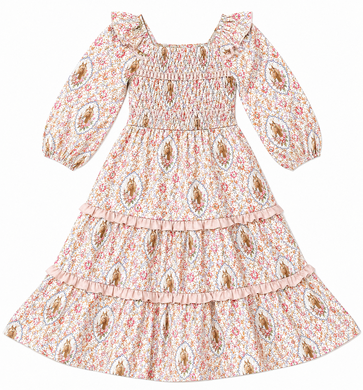 Pink Floral Horse - Youth LS Ruffle Dress (6pcs)