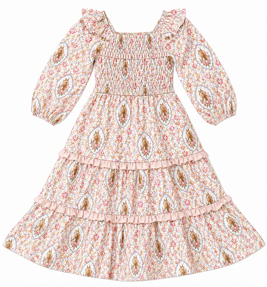 Long sleeve floral and horse tiered dress with ruffle detail