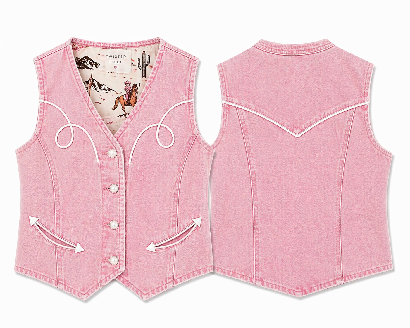 Pink Vintage Wash - Womens Pearl Snap W/ White Pipping Vest (8pcs)
