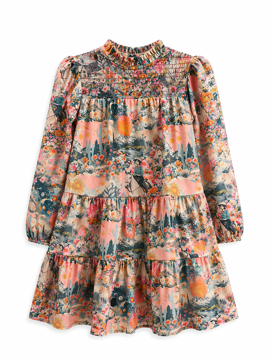 Pink western collage long sleeve tiered dress