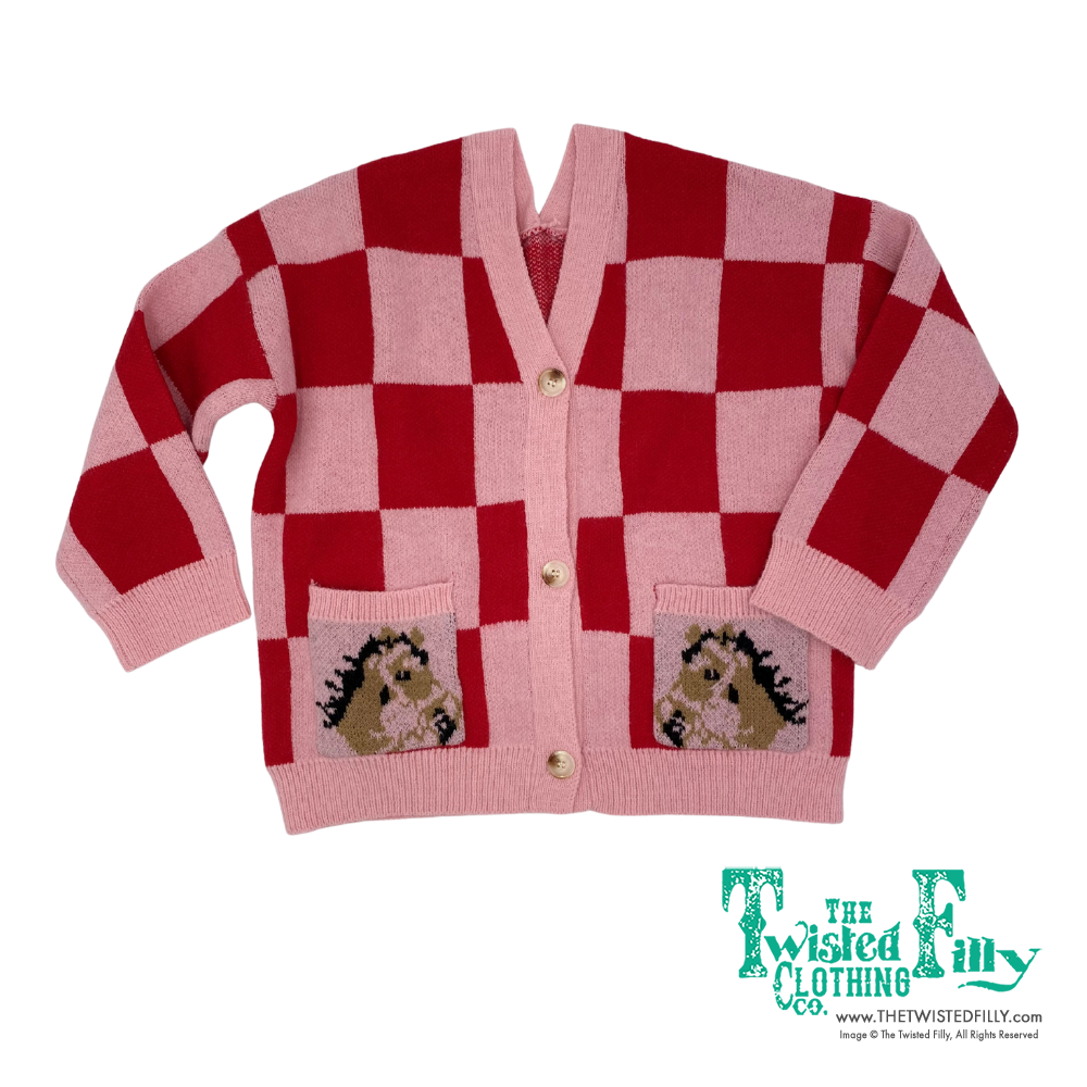 Pink Red Check Horse - Infant Cardigan Sweater (6pcs)