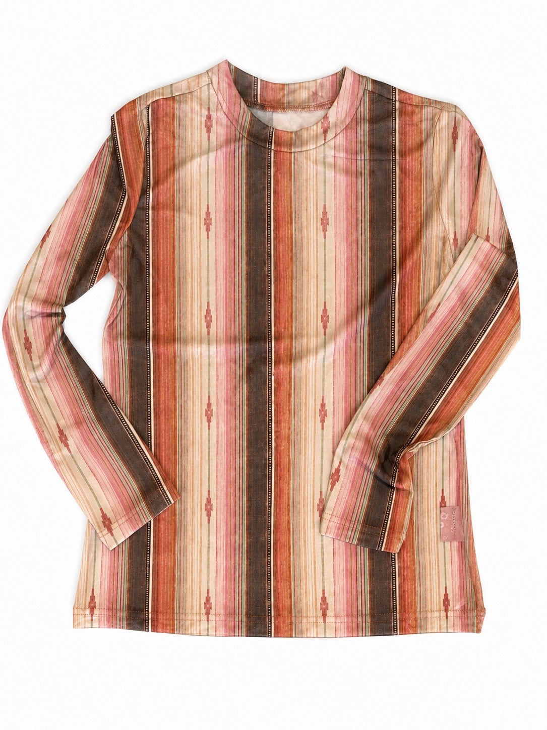 A long-sleeve mesh shirt with a vertical striped pattern in shades of rust orange, brown, beige, and pink, laid flat against a white background.
