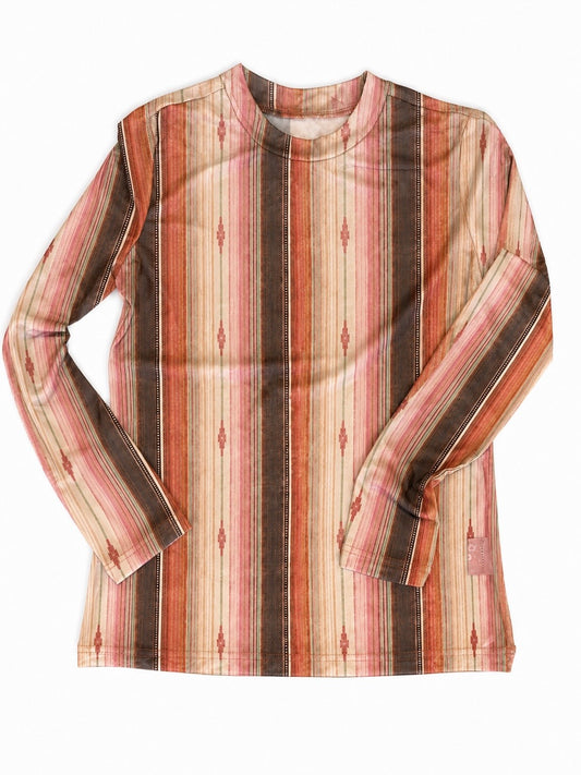 A long-sleeve mesh shirt with a vertical striped pattern in shades of rust orange, brown, beige, and pink, laid flat against a white background.