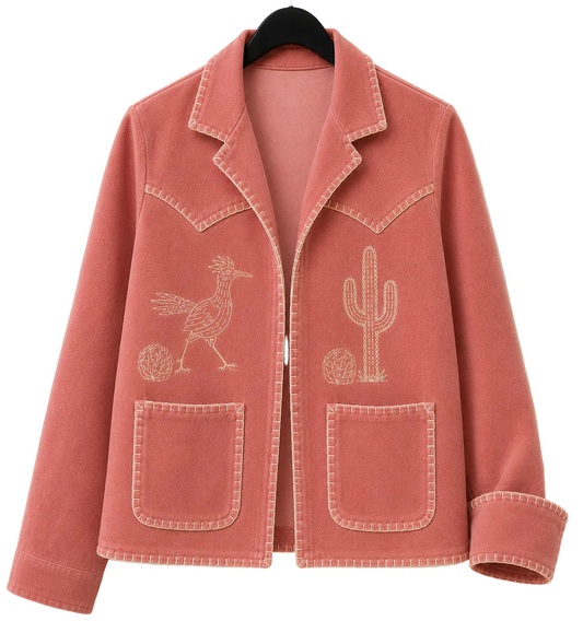 A dusty rose pink suede blazer jacket with white contrast stitching, featuring embroidered designs of a road runner and a cactus on the front, hanging on a black hanger against a white paneled wall.