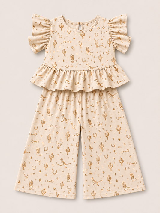 Cream & Camel Desert Things- Youth Ruffle Pant Set (6pcs)