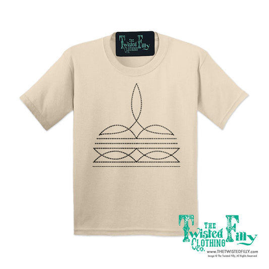 Oatmeal color tshirt with boot stitch design