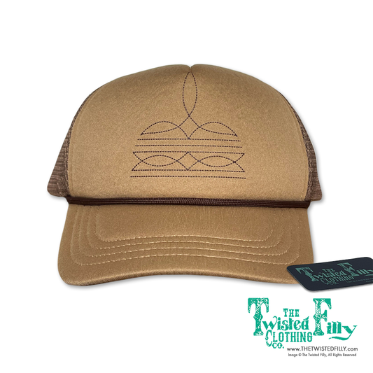 Brown snapback trucker hat with boot stitch design