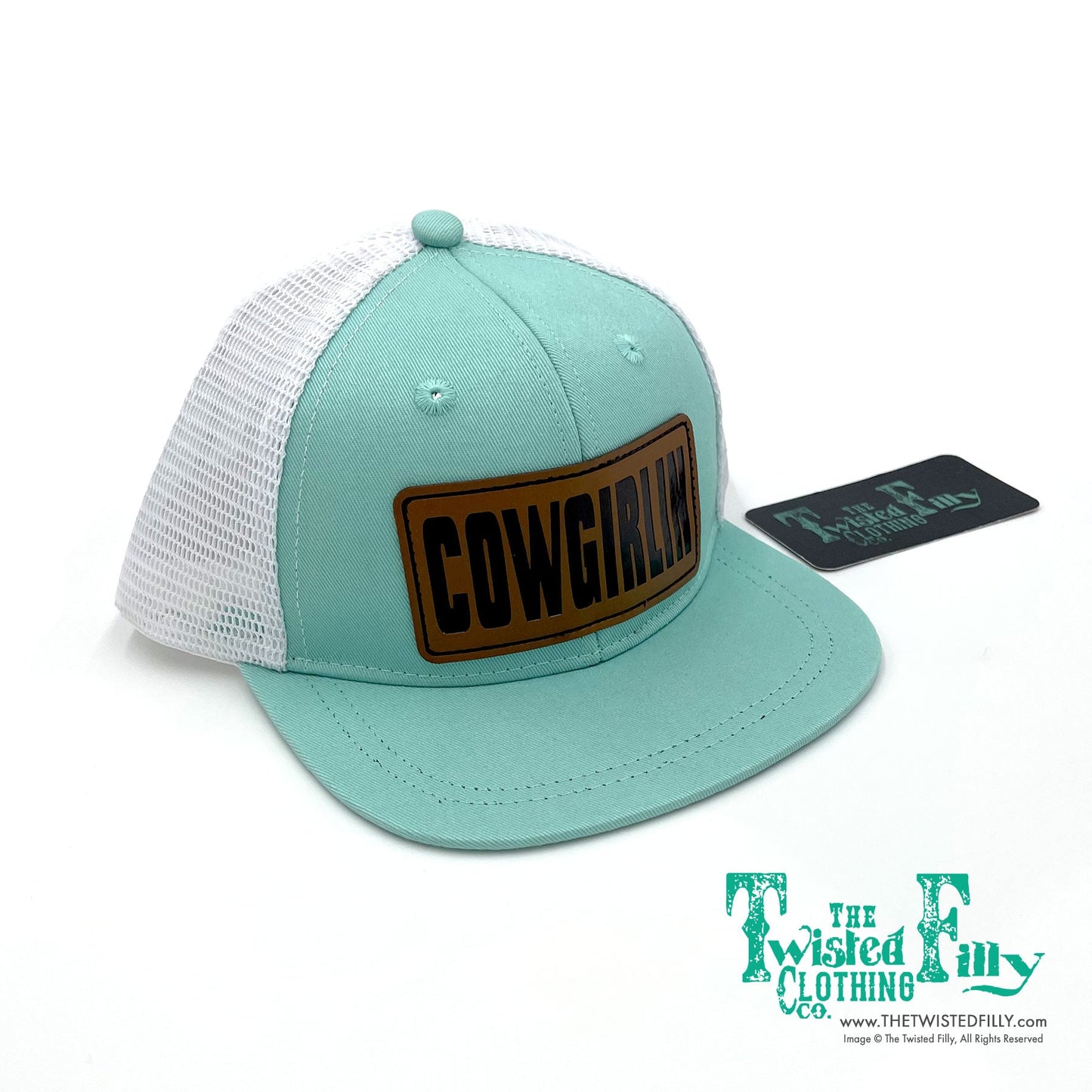 Cowgirlin Leather Patch - Toddler Trucker Hat - Turquoise/White