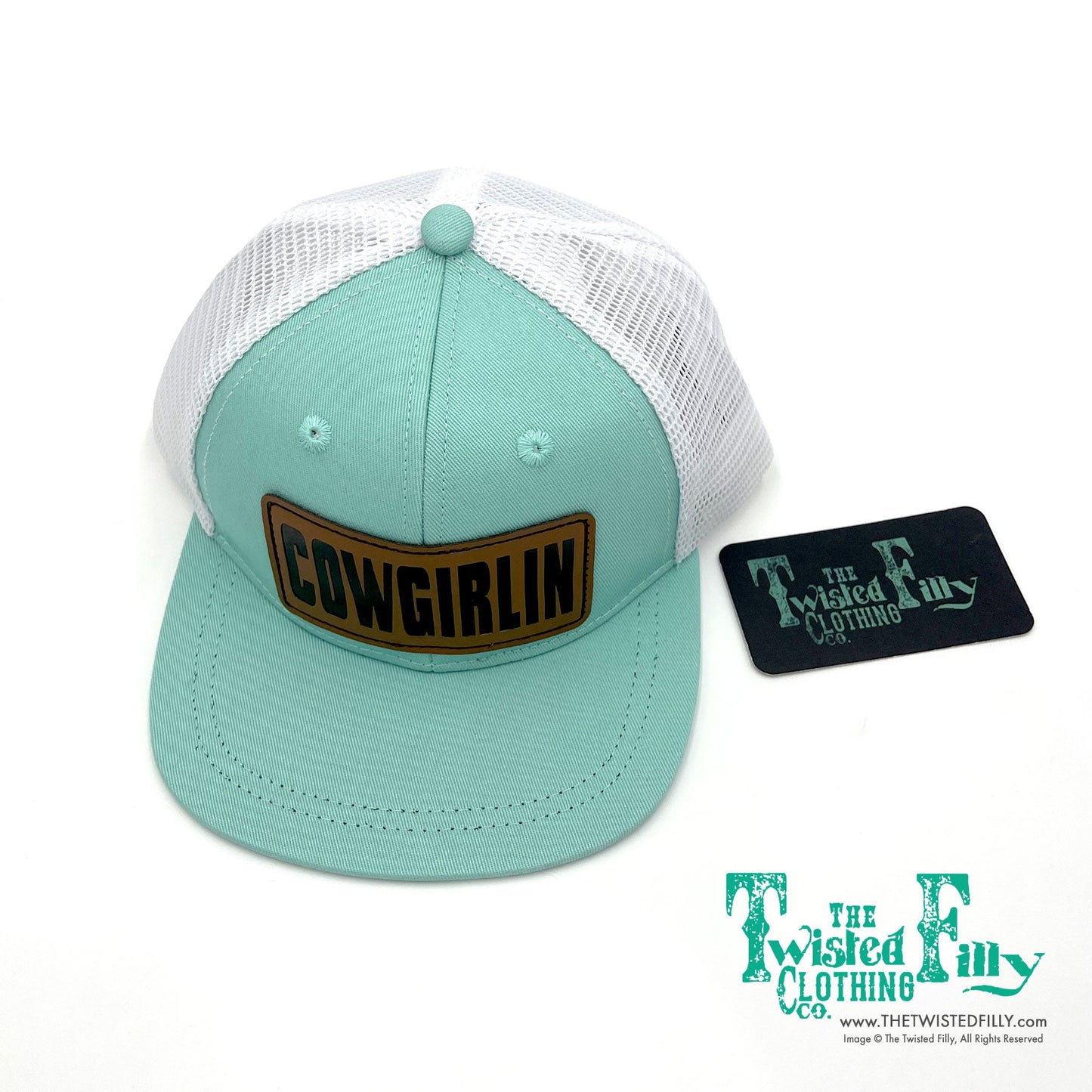 Cowgirlin Leather Patch - Toddler Trucker Hat - Turquoise/White