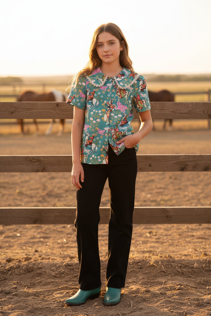 Turquoise Cowboy - Youth Lace Collar Blouse (6pcs)