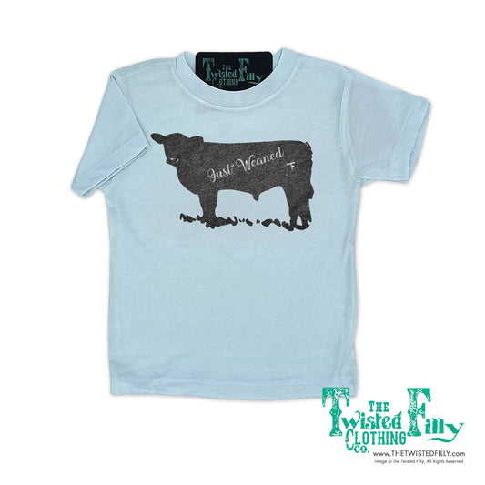 Ice blue tshirt with just weaned cow design