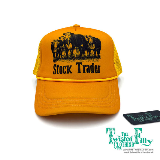 Orange foam snapback trucker hat with stock trader design